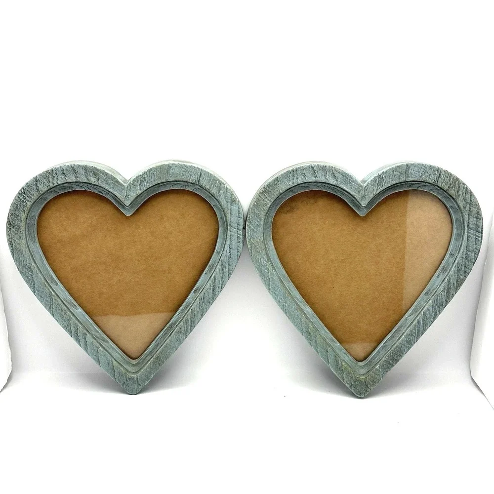 Set of 2 Heart Shaped Picture Frames 8x7.75 Blue Faux Wood Rustic Decor